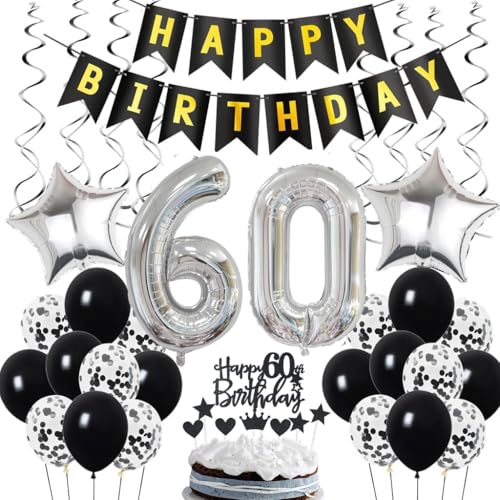 Ohaoduo 60. Geburtstag Dekoration, Geburtstagsdeko 60 Jahr Männer Junge, 60 Geburtstag Deko, 60 Ballon Schwarz und Silber Deko, Luftballon 60. Party , 60 Mann Frau … von Ohaoduo