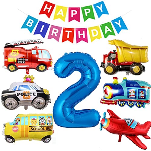 Ohaoduo Auto 2 Geburtstag Deko, 2. Geburtstag BAU Dekoration, 2 Jahr Auto Kindergeburtstag Deko, Junge Auto Folienballon Ingenieurfahrzeug Feuerwehrauto Flugzeug Polizeiauto Schulbus Zug von Ohaoduo