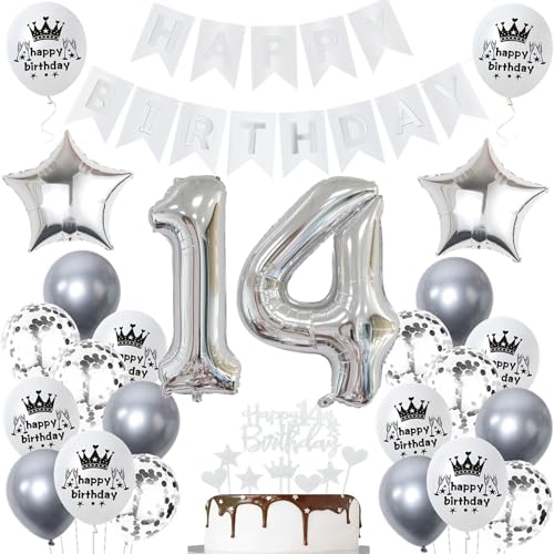 Ohaoduo Deko 14. Geburtstag Silber Tortendeko für Mädchen und Jungen - Geburtstagsdeko mit Ballon von Ohaoduo