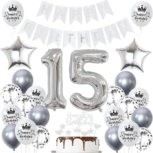 Ohaoduo Deko 15. Geburtstag Silber Tortendeko für Mädchen und Jungen - Geburtstagsdeko mit Ballon von Ohaoduo