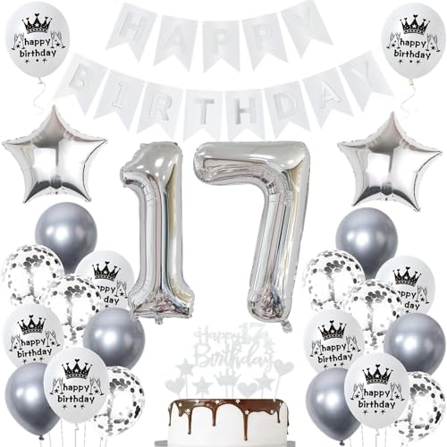 Ohaoduo Deko 17. Geburtstag Silber Tortendeko für Mädchen und Jungen - Geburtstagsdeko mit Ballon von Ohaoduo