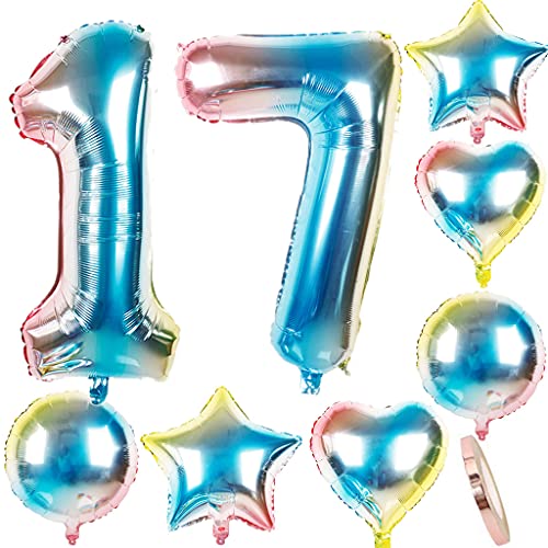 Ohaoduo Luftballons 17. Geburtstag Dekoration Mädchen/Junge bunt Zahlenballon 17 + herz/Stern Helium Folienballon 17 Jahre Geburtstag Deko Mädchen/Junge (17) von Ohaoduo