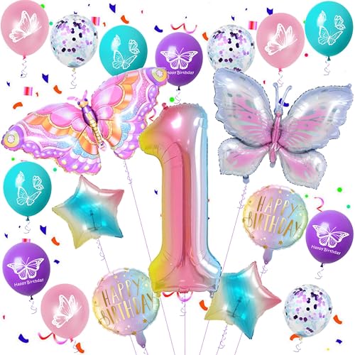 Schmetterling 1 Geburtstag Mädchen Ballon, Schmetterling Folienballon 1 Jahr Geburtstag Deko, Schmetterling 1 Jahr Luftballon Rosa, Schmetterling 1. Geburtstag Party Luftballon von Ohaoduo