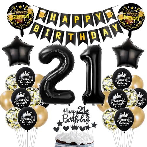 Schwarz Gold 21. Geburtstag Dekoration,Luftballon 21 Gold Schwarz,Ballon 21 Mann Frauen,deko 21. Party Dekoration Frauen,Geburtstagsdeko 21 Jahre Männer Schwarz von Ohaoduo