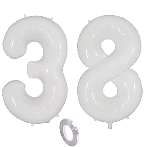 Weiß Luftballons Zahl 38. Geburtstag deko frau mann,Zahlen Ballon 38 Geburtstag deko, 40 Zoll Heliumballon 38 jahre Geburtstagsdeko frauen männer Aufblasbar Helium Folienballon 38 Weiß（38） von Ohaoduo