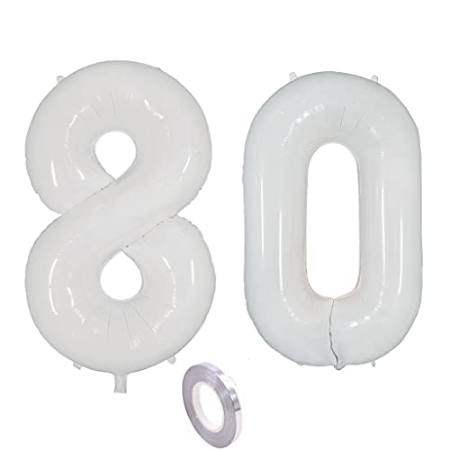 Weiß Luftballons Zahl 80. Geburtstag deko frau mann,Zahlen Ballon 80 Geburtstag deko, 40 Zoll Weiß Heliumballon 80 jahre Geburtstagsdeko frauen männer Aufblasbar Helium Folienballon 80 Weiß（80） von Ohaoduo