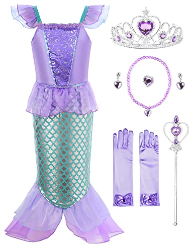 Ohlover Mädchen Prinzessin Kleine Meerjungfrau Kostüm Halloween Cosplay Party kleid (7 Jahre, Lila mit Zubehör) von Ohlover