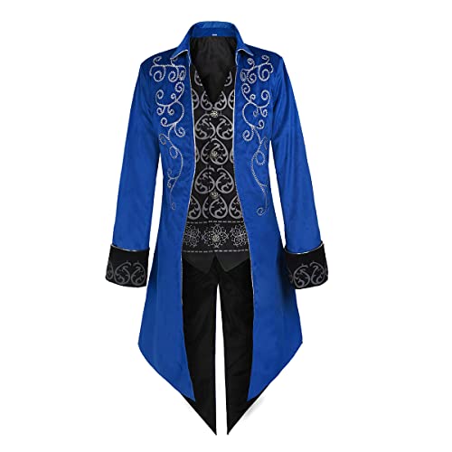 Oiefeen Mittelalter Steampunk Smoking Performance Kostüm Halloween Herren Kleidung Gothic Jacke, Blau, X-Large von Oiefeen