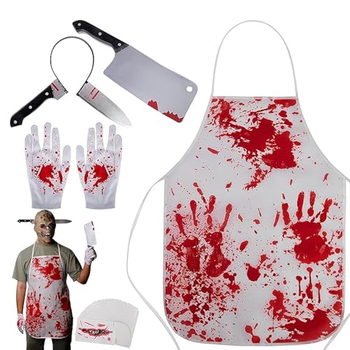 Oiieco Butcher Halloween-Kostüme, Halloween-Kostüm für Erwachsene, blutige Schürze, Messer, Stirnband, Aufkleber, Halloween-Party, Feier, Horror, blutige Neuheit, Schürzenkleid von Oiieco