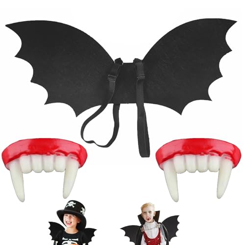 Oiieco Fledermausflügel für Halloween-Kostüm, Fledermaus-Teufelsflügel Halloween-Zubehör mit 2 Stück Vampirzähnen, verstellbarer Riemen, gruselige Fledermaus-Teufelsflügel, Halloween-Zubehör für von Oiieco