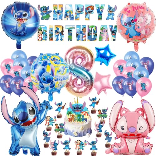 Oirigaga 44 Stück Geburtstagsdeko Set für 8 Jahre Jungen Mädchen, Kinder Geburtstag Luftballons, Cartoon-Stch Party Deko Helium Ballons Folienballons mit Happy Birthday Banner und Tortendeko von Oirigaga