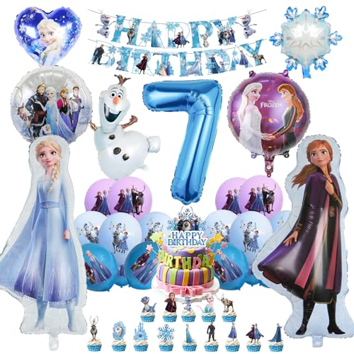 Oirigaga 46 Stück Frozen Geburtstagsdeko Luftballons Set für 7 Jahre Mädchen, Elsa Anna Party Deko Ballons, Kinder Geburtstag Helium Balloons Eiskönigin Folienballons mit Birthday Banner Tortendeko von Oirigaga