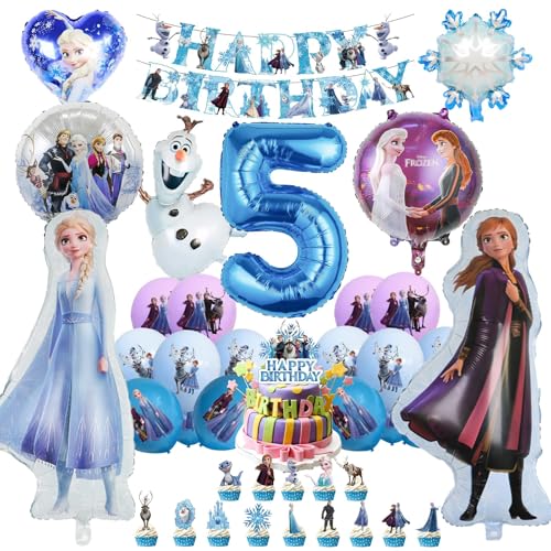 Oirigaga 46pcs Geburtstagsdeko Luftballons Set für 5 Jahre Mädchen, Eiskönigin Party Deko Ballons, Kinder Geburtstag Helium Balloons Eisa Anla Folienballons mit Happy Birthday Banner und Tortendeko von Oirigaga