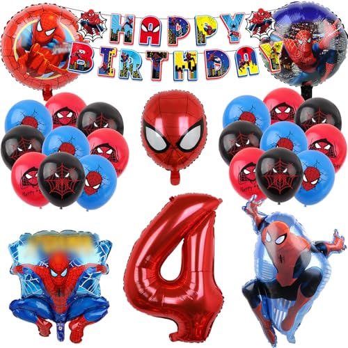 Oirigaga Geburtstagsdeko Luftballons Set, Geburtstag Ballons für 4 Jahre Jungen, Kindergeburtstag Party Deko Helium Balloons, Cartoon Anime Spidey Folienballons mit Happy Birthday Banner für Kinder von Oirigaga
