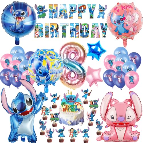 Oirigaga 44 Stück Stitch Geburtstagsdeko Luftballons Set für 8 Jahre Jungen Mädchen, Kinder Geburtstag Ballons, Party Deko Helium Balloons Folienballons mit Happy Birthday Banner und Tortendeko von Oirigaga