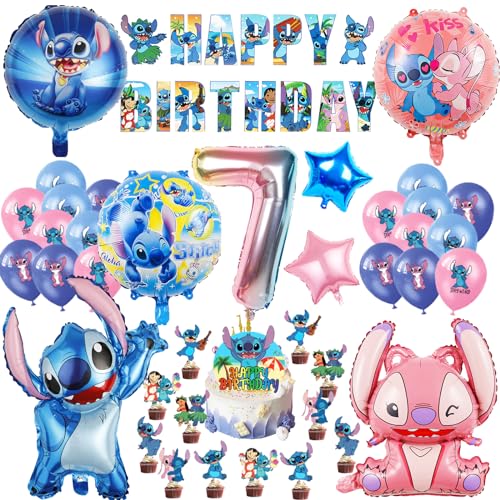 Oirigaga 44 Stück Stitch Geburtstagsdeko Luftballons Set für 7 Jahre Jungen Mädchen, Kinder Geburtstag Ballons, Party Deko Helium Balloons Folienballons mit Happy Birthday Banner und Tortendeko von Oirigaga