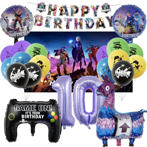 Oirigaga Fortnit Gaming Geburtstagsdeko Luftballons Set für 10 Jahre Jungen, Gamer Party Deko Ballons Kinder Geburtstag Helium Balloons Videospiel Folienballons mit Happy Birthday Banner und Kulisse von Oirigaga