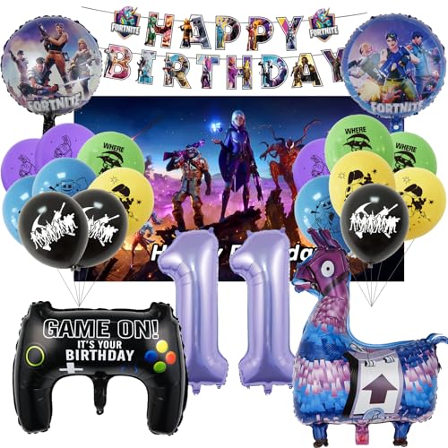 Oirigaga Fortnit Gaming Geburtstagsdeko Luftballons Set für 11 Jahre Jungen, Gamer Party Deko Ballons Kinder Geburtstag Helium Balloons Videospiel Folienballons mit Happy Birthday Banner und Kulisse von Oirigaga