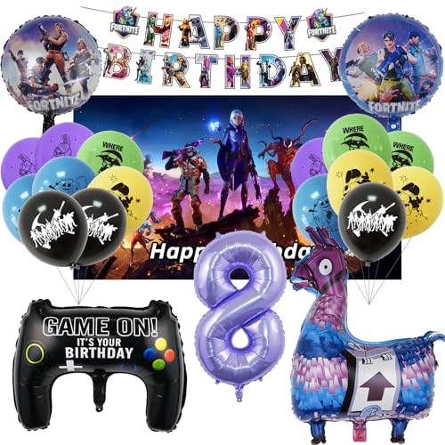 Oirigaga Fortnit Gaming Geburtstagsdeko Luftballons Set für 8 Jahre Jungen, Gamer Party Deko Ballons, Kinder Geburtstag Helium Balloons Videospiel Folienballons mit Happy Birthday Banner und Kulisse von Oirigaga