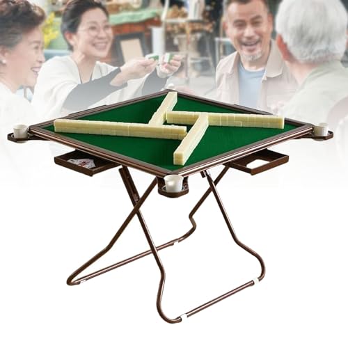 Oiyekntd Klappbarer Mahjong-Tisch, multifunktionaler quadratischer Kartenspieltisch für 4 Spieler mit längeren Chip-Tabletts, Getränkehaltern und grüner professioneller Tischplatte für Domino, Poker von Oiyekntd