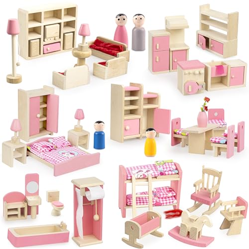 Puppenhaus-Möbel-Set aus Holz, 6 Zimmer, Puppenhaus-Möbel, Puppenhaus-Zubehör mit Küche, Esszimmer, Wohnzimmer, Schlafzimmer, Badezimmer für Kinder, Mädchen, Spielhaus, Spielzeug, 43-teilig Puppenhaus-Möbel-Set aus Holz, 6 Zimmer, Puppenhaus-Möbel, Puppenhaus-Zubehör mit Küche, Esszimmer, Wohnzimmer, Schlafzimmer, Badezimmer für Kinder, Mädchen, Spielhaus, Spielzeug, 43-teilig von Okabay