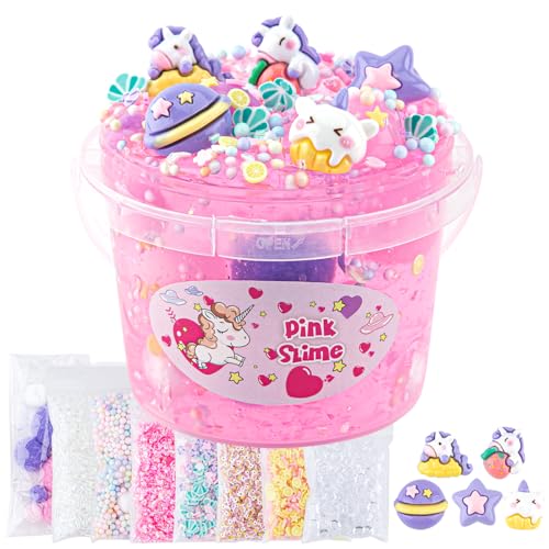 Okaybee 10 FL OZ Unicorn Slime Kit, Pink Clear Slime Bucket Slime Party Favors for Kids, Glimmer Crunchy Slime Includes 9 Packs of Slime Add-Ins, Stress Relief Slime Kit for Girls and Boys Ages 8-12 von Okaybee