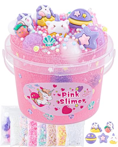 Okaybee 10 FL OZ Unicorn Slime Kit, Pink Clear Slime Bucket Slime Party Favors for Kids, Glimmer Crunchy Slime Includes 9 Packs of Slime Add-Ins, Stress Relief Slime Kit for Girls and Boys Ages 8-12 von Okaybee