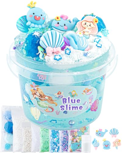 Okaybee 10 FL OZ Meerjungfrau Schleim Set, Blaues Klares Slime Kit für Kinder 8-12, Glimmer Crunchy Set Mit 9 Packungen Schleim-Zusätzen, Sensorisches Spielzeug, Geburtstag Hallowmas Geschenk von Okaybee