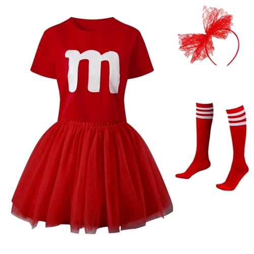 Okbebe Buchstabe M Halloween Cosplay Kostüm Frauen Party Team Gruppe T-Shirt mit Tutu Röcken, Stirnband Socken Set, Rot/Ausflug, einfarbig (Getaway Solids), L von Okbebe