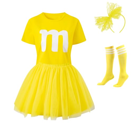 Okbebe Buchstabe M Halloween Cosplay Kostüm Frauen Party Team Gruppe T-Shirt mit Tutu Röcken, Stirnband Socken Set, gelb, Small von Okbebe