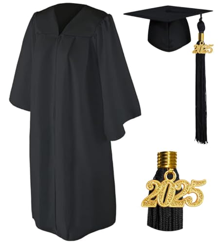 Okbebe Uni Erwachsene Matte Abschlusskappe und Kleid 2025 Quaste Kostüm für High School und Bachelor (Schwarz, XL) von Okbebe