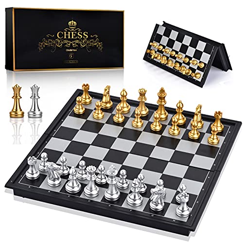 OkidSTEM Schachspiel mit Magnetisch Reise Schachbrett und 2 zusätzlichen Königinnen für Kinder und Erwachsene (Gold und Silber-25 * 25cm) von OkidSTEM