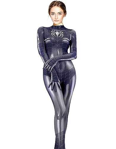 Olanstar Damen Spiderman Kostüm Erwachsene Einteiliger Superhelden Halloween Kostüm Anime Cosplay Bodysuit Karneval Party (Grau, Größe L) von Olanstar
