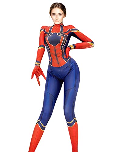 Olanstar Spiderman Kostüm Damen Erwachsene Einteiliger Superhelden Kostüm Halloween Anime Cosplay Bodysuit Karneval Party (Rot, M) von Olanstar