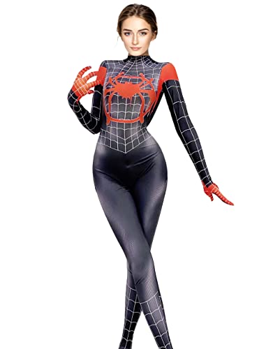 Olanstar Spiderman Kostüm Damen Erwachsene Einteiliger Superhelden Kostüm Halloween Anime Cosplay Bodysuit Karneval Party (Schwarz, L) von Olanstar