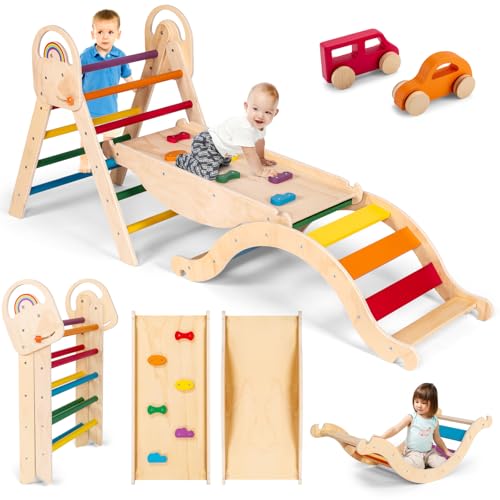Old Canal Montessori Klettergerüst Set, Indoor Kletterdreieck für Toddler, Holzernes Kleinkind Spielplatz Klettern, Dschungelgym-Kletterplatz mit Rutsche, Leiter & Spielbogen von Old Canal