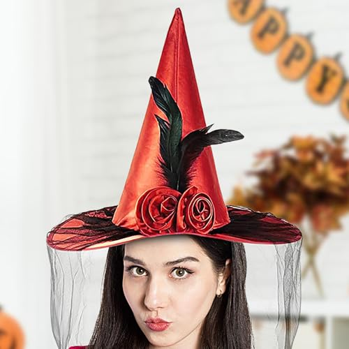 Oldmoom Halloween Hexenhut - Hexen Hut Mit Breiter Krempe Halbschleier Und Blume,Tragbares Halloween Kostümzubehör Für Damen Karneval Fantasy Festival Oldmoom Halloween Hexenhut - Hexen Hut Mit Breiter Krempe Halbschleier Und Blume,Tragbares Halloween Kostümzubehör Für Damen Karneval Fantasy Festival von Oldmoom