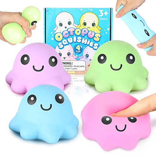 Octopus 4 Stück Stressball | Squishy Stress Ball Fidget Toy | Dough Ball | Squeeze Ball | Angst Relief Anti Stress Knautschball ADHD ADD für Kinder und Erwachsene von OleOletOy