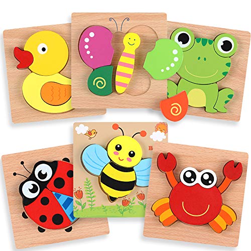 OleOletOy Holzpuzzle für Kinder - 6 STK. Steckpuzzle Pädagogisches Spielzeug mit Aufbewahrungstasche für Baby - Puzzlespiel Set Geschenk Bunte Tierpuzzle (Tier Puzzles) von OleOletOy