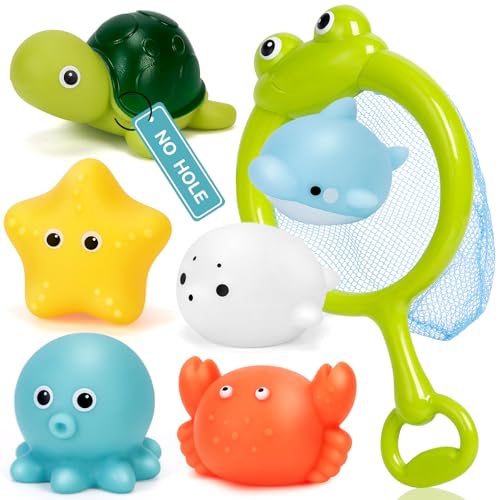 Olensson Baby-Badespielzeug ohne Loch, kein Schimmel, 7 Stück, schimmelfrei, Meerestiere, Wasserspielspielzeug für 1, 2, 3, 4 Jahre alte Jungen, Mädchen, Kleinkinder, Schwimmbad, Badewannen-Spielzeug von Olensson