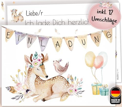 Olgs 12x Einladungskarten für Mädchen zum Kindergeburtstag, Boho Reh, Geburtstagseinladungen, Einladung zur Geburtstagsfeier zum ausfüllen + Umschläge, Kinderparty, Babyparty von Olgs