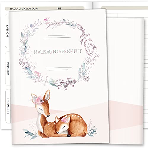 Hausaufgabenheft Hülle Rehkitz inkl. Heft Schulheft Schutzhülle Umschlag schöne Geschenkidee (Hausaufgabenheft ohne Personalisierung, Lusy) von Olgs