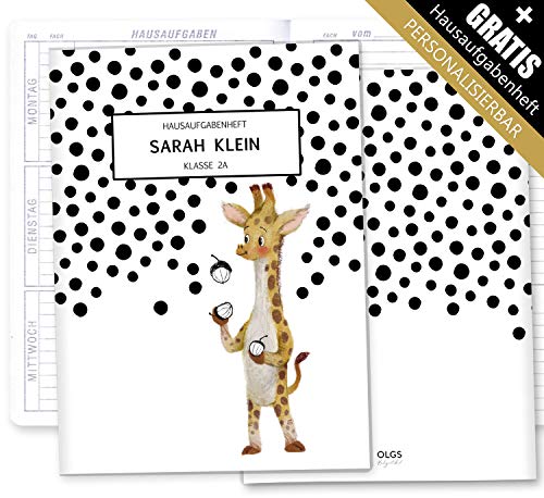 Olgs Hausaufgabenheft Hülle Super Strange inkl. Heft Schulheft Schutzhülle Umschlag Geschenkidee Einschulung personalisierbar mit Namen und die Schulklasse (personalisiert, Giraffe) von Olgs