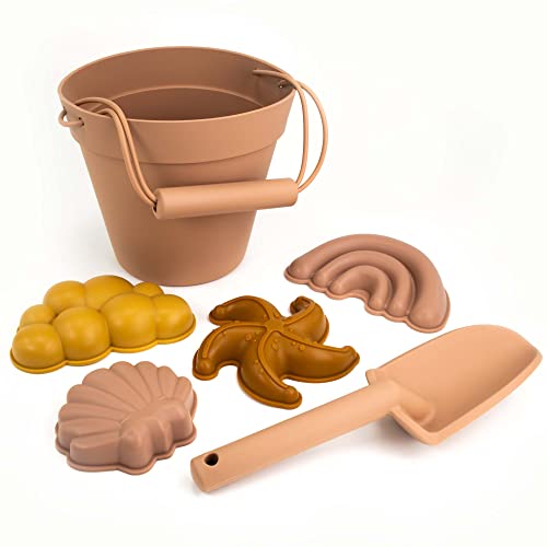 Olgs Silikon Sandspielzeug 6-teilig - Rosa Regenbogen-Design, Eimer, Schaufel, Meerestier-Förmchen für Mädchen ab 1 Jahr - Strand & Sandkasten von Olgs