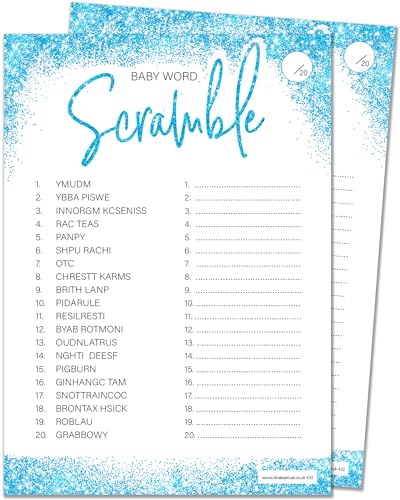 20 x Word Scramble Baby Shower Spiel – Jungen Blau Glitzer Effekt Design (20 Gästekarten + 1 Karte Antworten für den Gastgeber + Gewinnerzertifikat) von Olivia Samuel