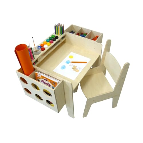 Verstellbarer Kindertisch mit Stuhl & Organizer – Holz Zeichentisch Set – Höhenverstellbarer Schreibtisch für Kinder – Montessori Spieltisch aus Sperrholz – Mitwachsendes Möbelset für Kleinkinder von OliwoodCnc