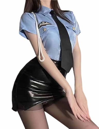 Oludkeph Polizei Cosplay Kostüm Outfits für Frauen Policewomen Cop Officer Lingerie Polizei Shirt und Rock Set (Blau, Einheitsgröße) von Oludkeph