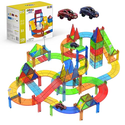 Olvy Magnetische Bausteine Montessori Spielzeug - 126 Magnetic Tiles Kinder - Magnetisches Konstruktionsspielzeug Ab 3 Jahre - Smart Playground Magnetbausteine, Magnetset Kinder (126 Magnetic Tiles) von Olvy