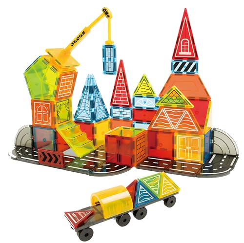Olvy Magnetische Bausteine Montessori Spielzeug - 42 Magnetic Tiles Kinder - Magnetisches Konstruktionsspielzeug Ab 3 Jahre - Smart Playground Magnetbausteine, Magnetset Kinder (Baumeister) von Olvy