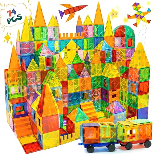 Olvy Magnetische Bausteine Montessori Spielzeug - 74 Magnetic Tiles Kinder - Magnetisches Konstruktionsspielzeug Ab 3 Jahre - Smart Playground Magnetbausteine, Magnetset Kinder (74 Magnetic Tiles) von Olvy